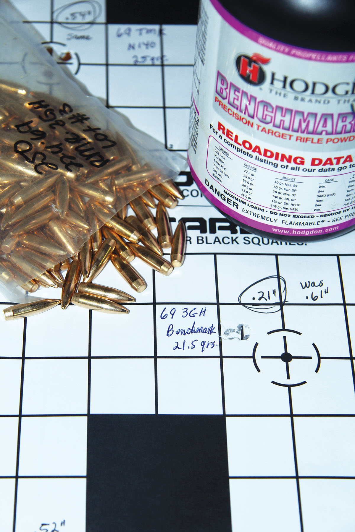 One marked improvement between the factory and AG Composites stocks was with Rocky Mountain Reloading’s (RMR) 69-grain 3-Gun Hunter seated over 21.5 grains of Hodgdon Benchmark. That group went from.61 to .21 inch.